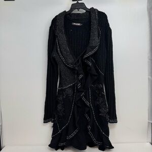 Forla Paris L Cardigan Black Wool Mohair Ruffle Rose Embellished Fairy Core Boho